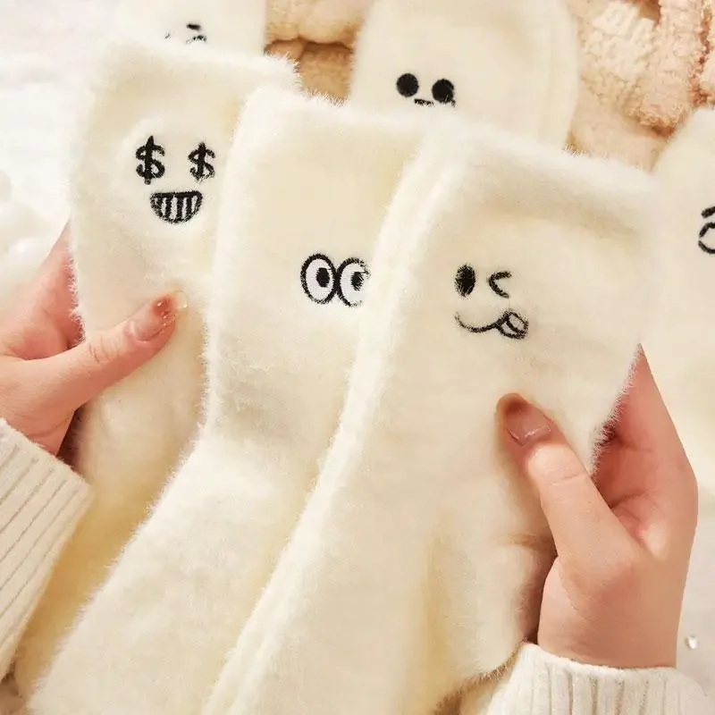 Women Funny Socks White Winter Warm Socks Smile Cute Kawaii Anime Floor Socks Lolita Y2k Thicken Fuzzy Socks