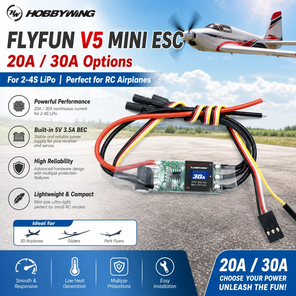 

Hobbywing Flyfun V5 Mini ESC - 20A & 30A Options for 2-4S, with Built-in 5V 3.5A BEC for Reliable Power Supply