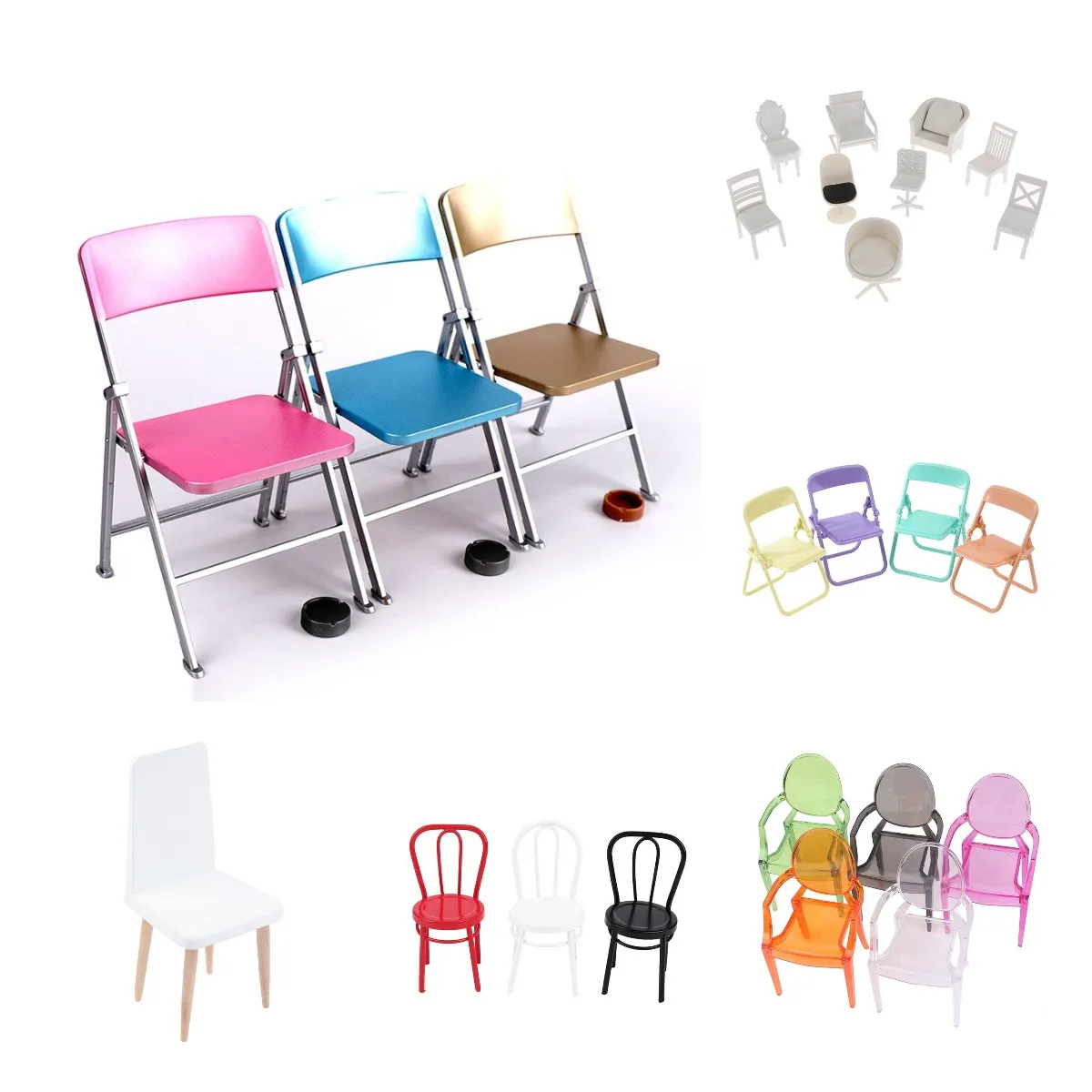 1 Pc Cute 1/6 Dollhouse Miniature Furniture Folding Chair with Ashtray Doll Home Decor Pretend Play Toy