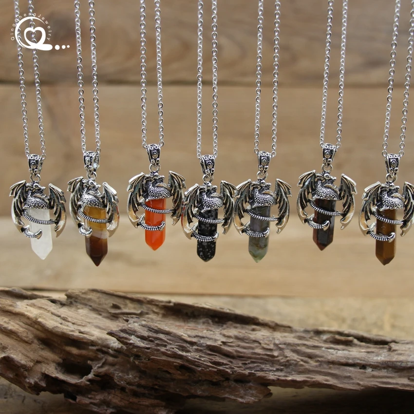 Natural Stone Dragon Pendant Stainless Steel Man Necklace Healing Crystal Quartz Hexagonal Lapis Animal Vintage Jewelry QC3359