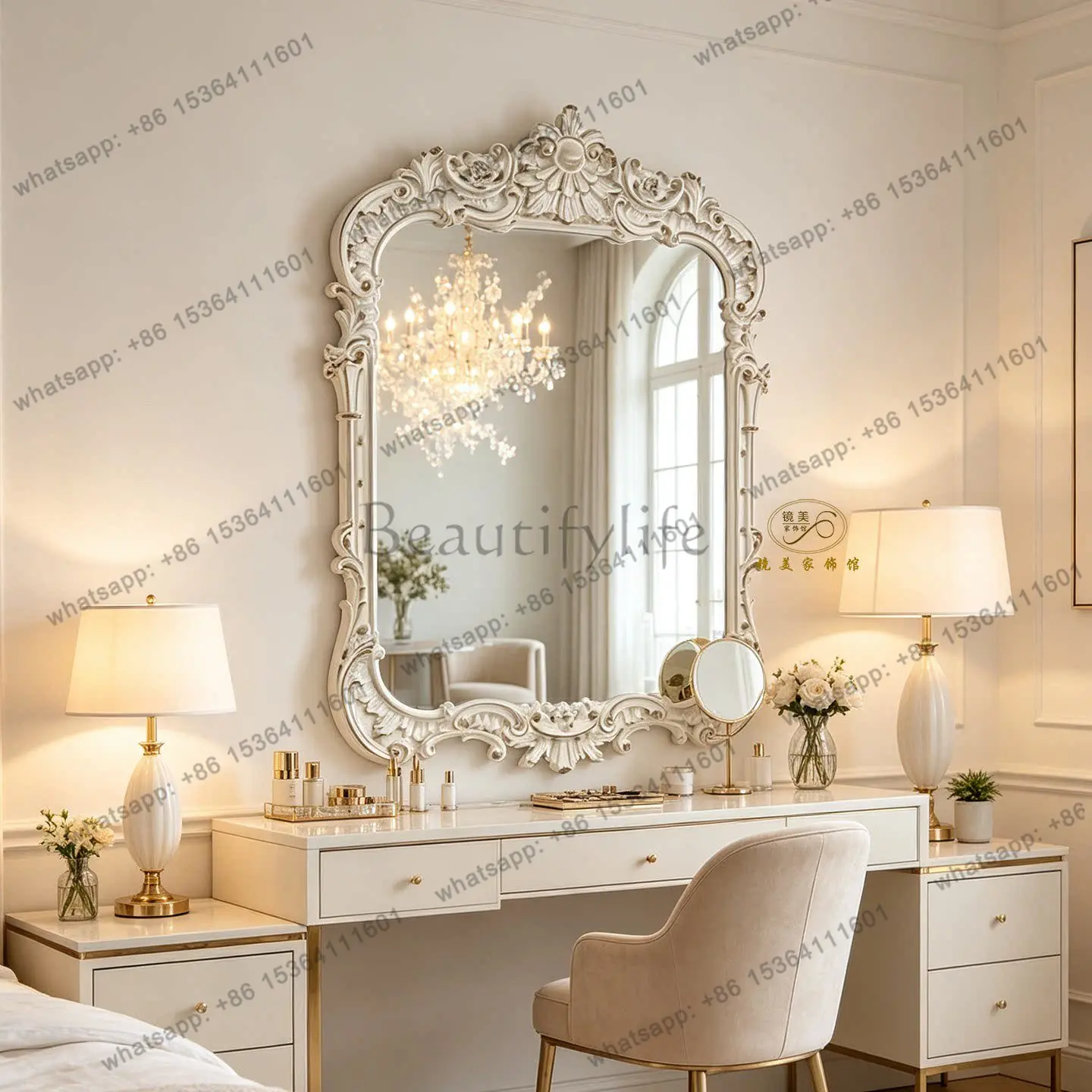 XX. French retro fireplace decorative mirror antique white carved border cosmetic mirror