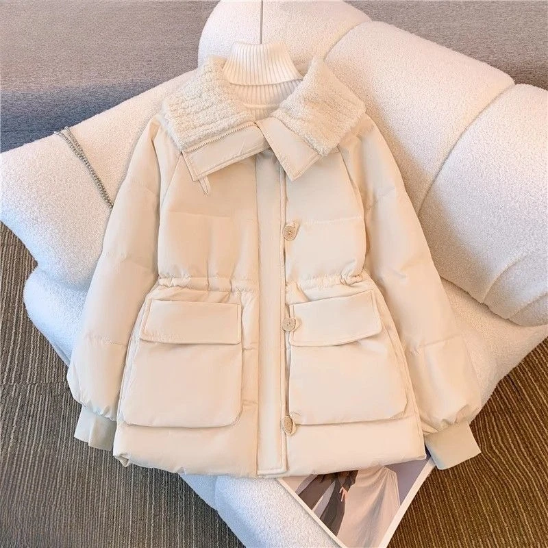2025 New Women's Lamb Fur Leather One Piece Outerwear Winter Thickened Parka with Drawstring Waist Fashionable Trendy