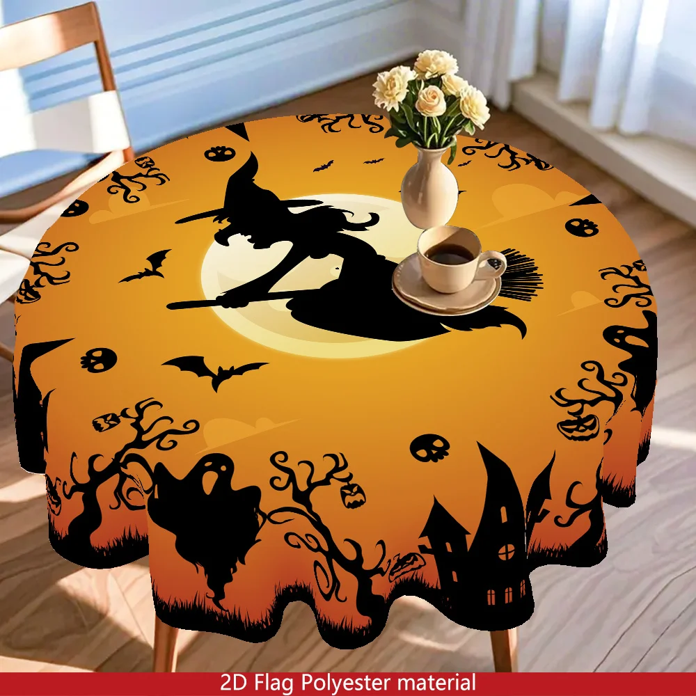 1 2D flat Halloween round tablecloth made of Halloween party wallpaper with castles, witches and bats
