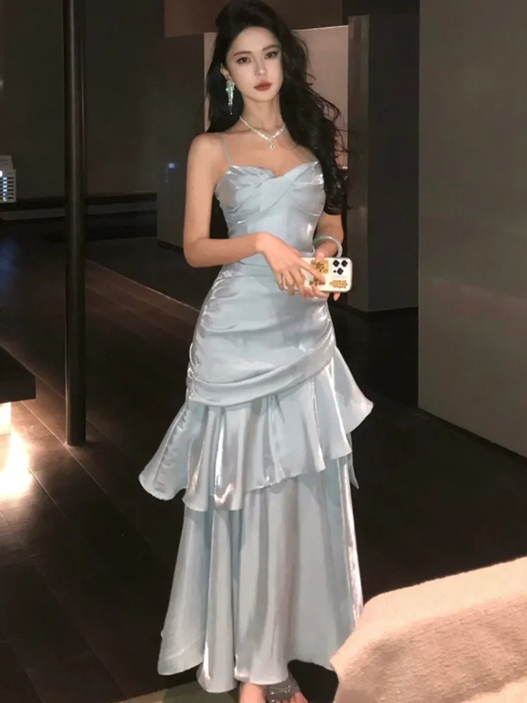 

Evening Party Princess Ruffles Women's Sling Dress Elegant Sexy Strap Slim Waist Sleeveless Wedding Dresses Beach Vestidos New