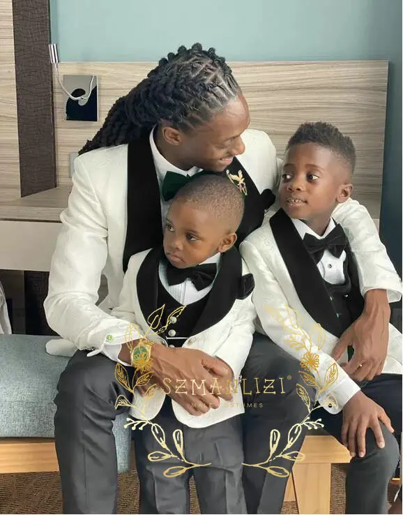 White Jacquard Black Velvet Shawl Lapel Flower Boys Tuxedos Children Blazer 3 Pieces Wedding Boy Suits Conjuntos De Blazers