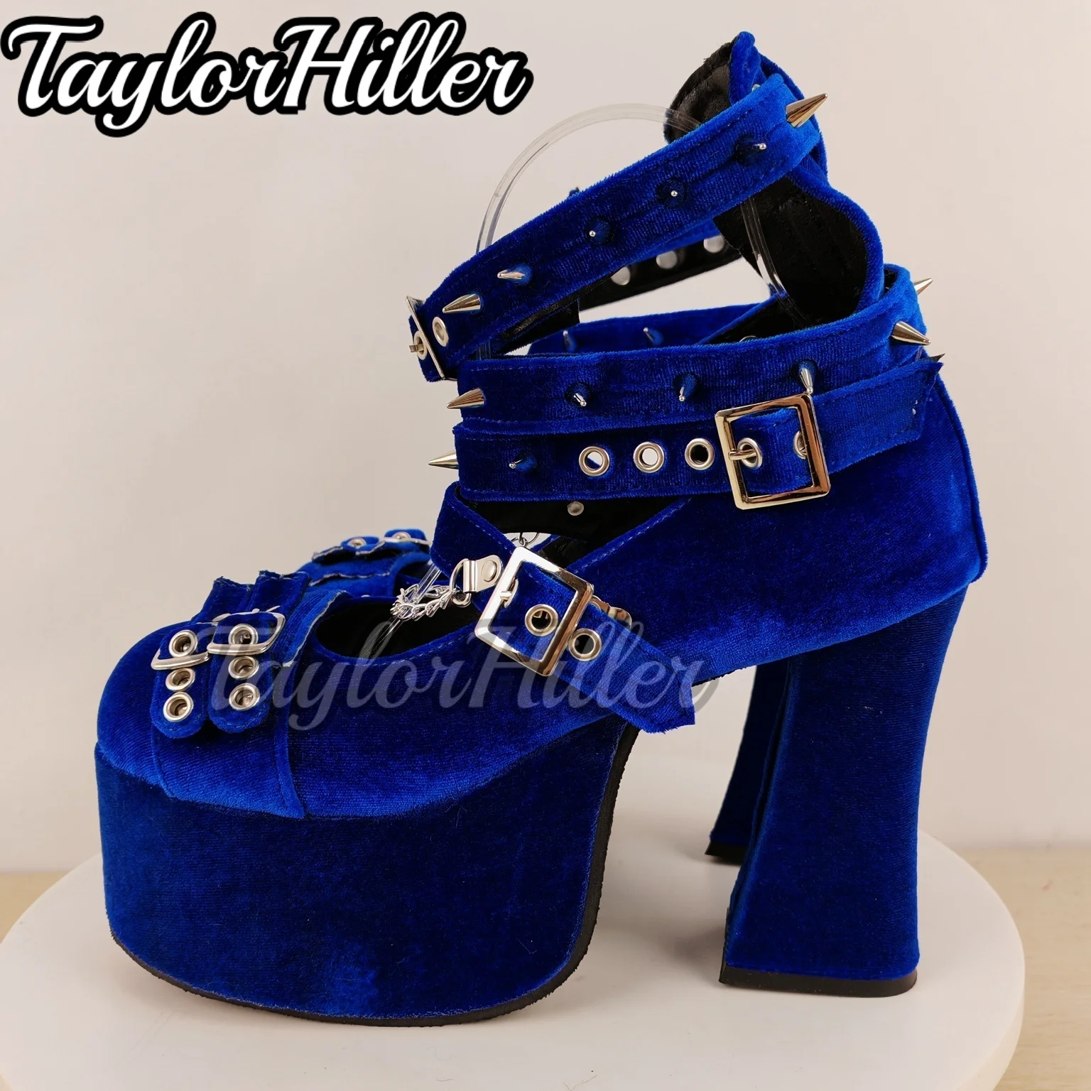 Royal Blue Suede Rivets Pumps Platform Hot Girl Buckle Strap Block Heel High Heels Women Luxury Designer Shoes 2026 Spring Shoes view 4