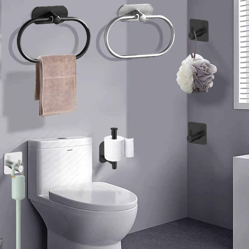 Adhesive Toilet Paper Holder Accessories Towel Rack Toilet Paper Dispenser Holder Wall Coat Hook Towel Rail Ring Roll Hanger Set