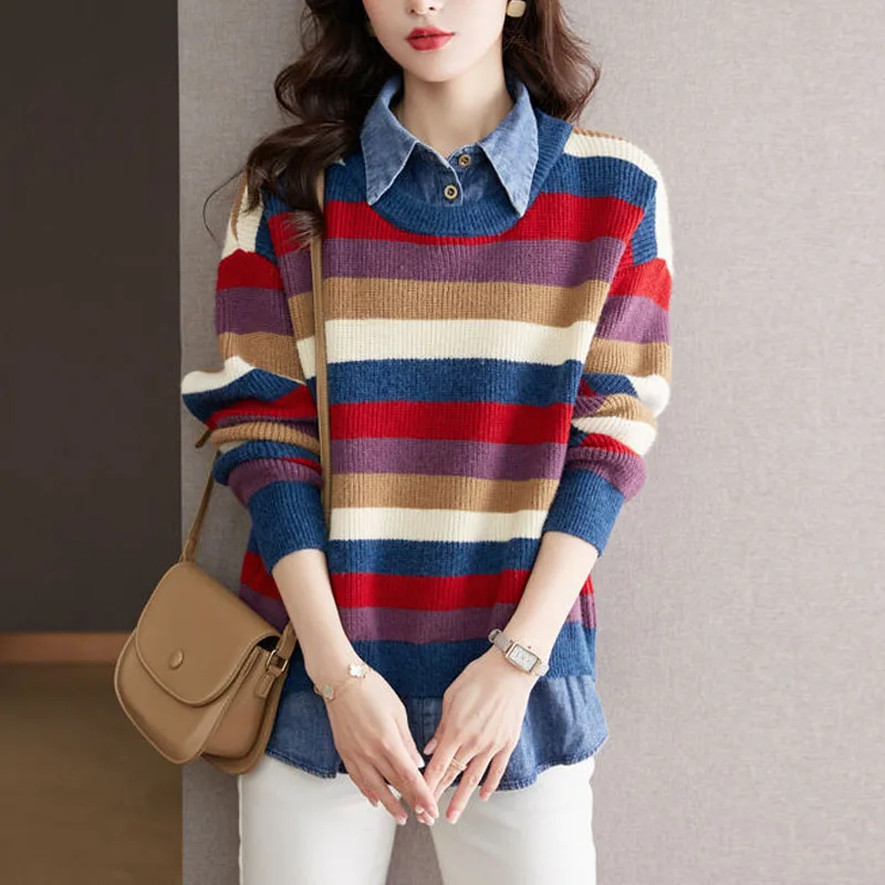 New Autumn and Winter Fashion Trend Patchwork Shirt Fake Two-piece Striped Loose and Versatile Foreign Style Knitted Sweater