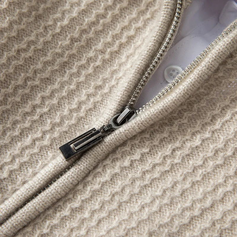 High quality 100% cashmere men's pullover knit sweater Pull luxury thick Jumper Mock Neck zipper Tops trendy men's streetwear