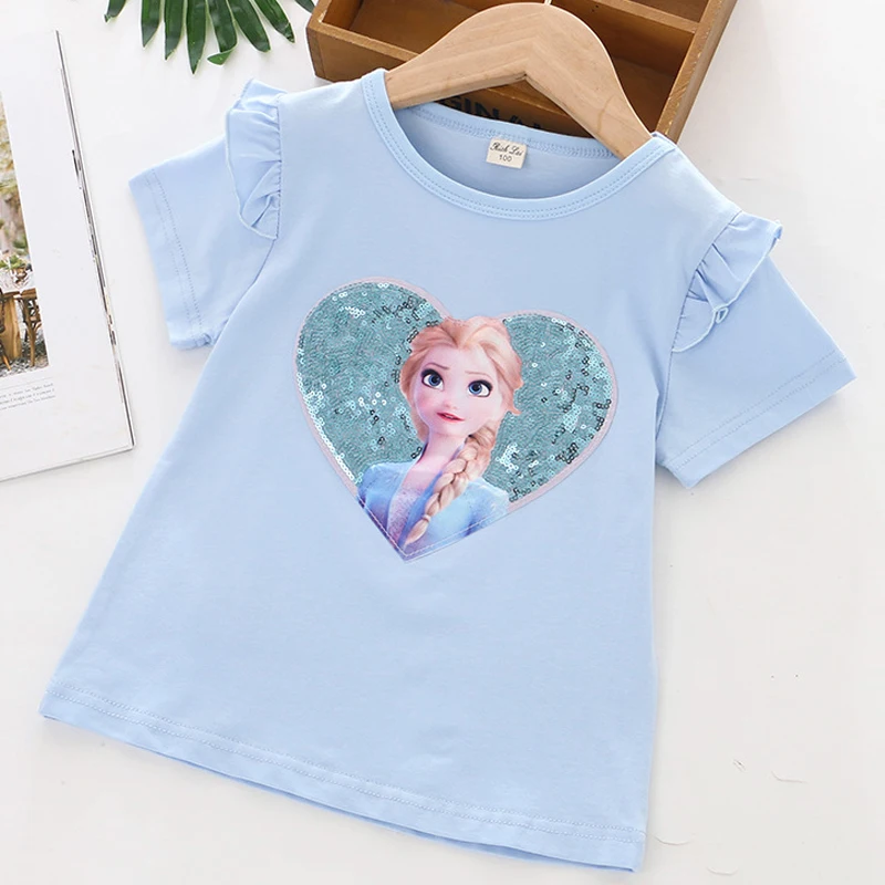 New Kids T-shirt Short sleeves Children Frozen Elsa Cotton Summer Girls Tee Party Princess Disney Girls Clothes Costumes 3-8Y