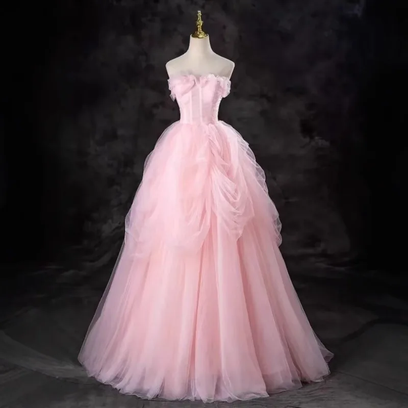 

New Women's Pink Strapless Evening Dress, Fashionable and Slimming, Lightweight Wedding Dress, High-end French Art Exam Dress