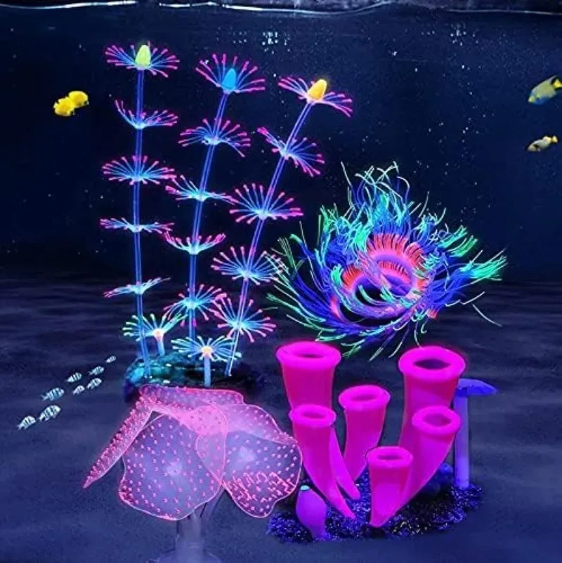 4 Pieces Aquarium Fish Tank Decorations with Glowing Effect Silicone Glow Artificial Ornament Coral Reef Plants Accessories