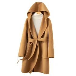 Korean Design Women Double-sided Cashmere Mid-length Hoodie Coat With Belt Lace Up Hooded Slimming Wool Jacket Autumn Winter