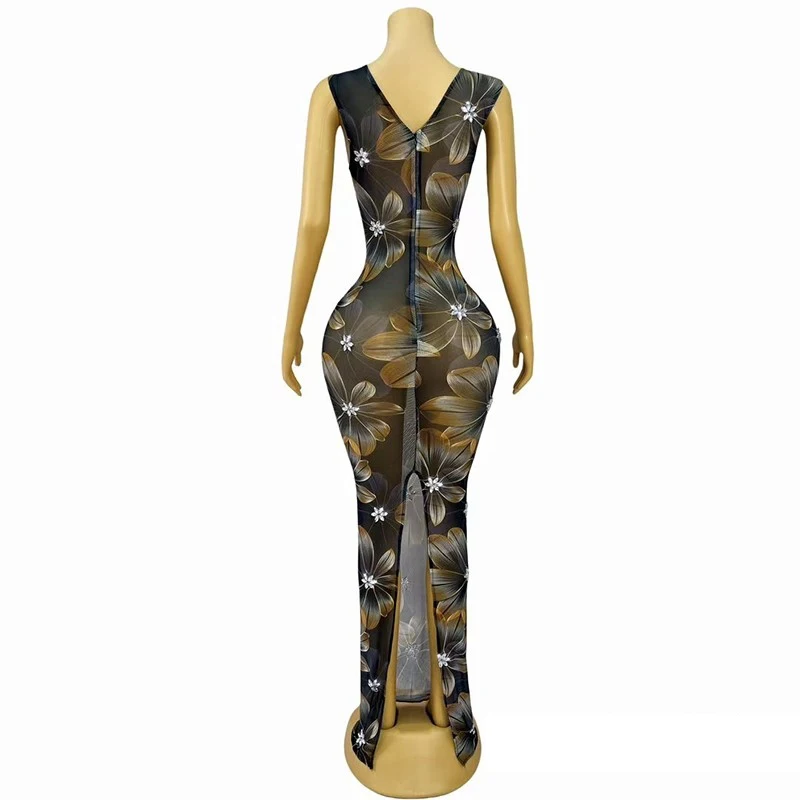 Sparkly Perspective Flower Printed Party Dress Women Celebrate Evening Outfit Bar Ds Dj Gogo Costume Stage Performance Wear 9242