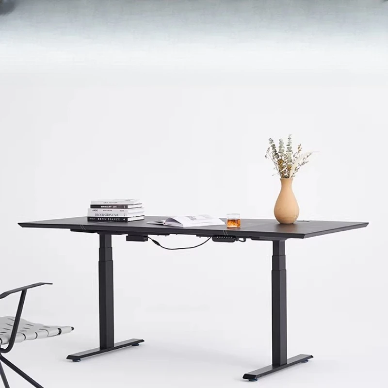 

Итальянский минималистичный электрический стол с регулировкой высоты, двойным мотором, умный стол, черный, из седельной кожи, для дома