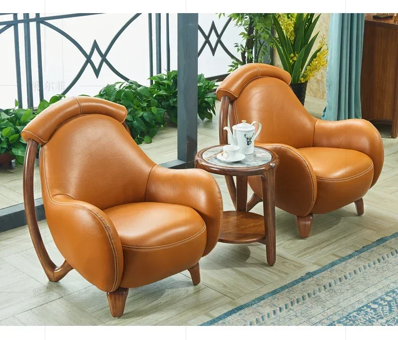 

Customizable Leather Single Sofa Simple Modern Small Apartment Complete Ugyen Wood Layer Cowhide Leisure Chair