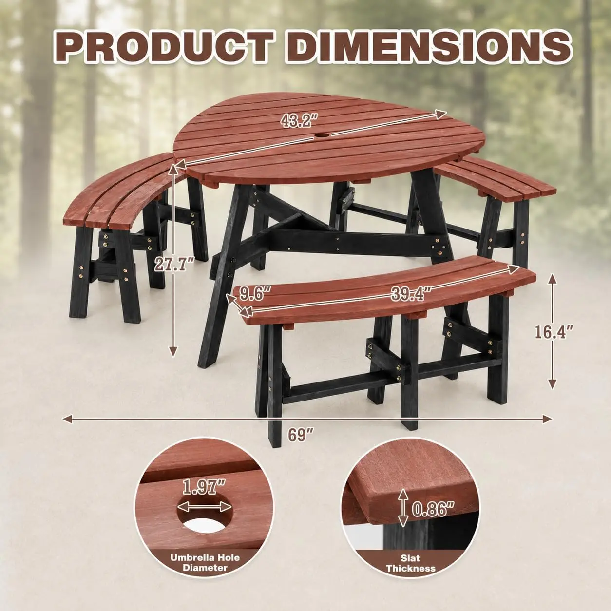 6-Person Round-Style Outdoor Picnic Table with Umbrella Hole, Curved-Edge Patio Dining Table with 3 Attached Benches, Backyard P