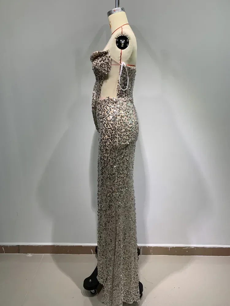 Women Summer Sexy Strapless Backless Mesh Sequins Maxi Long Bodycon Gowns Dress 2024 Elegant Evening Party Club Dress Vestido