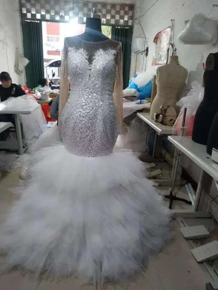 Vestido De novia De sirena con cuello redondo, Vestido De novia De manga larga con cuentas De lentejuelas, hecho a mano, Moderno