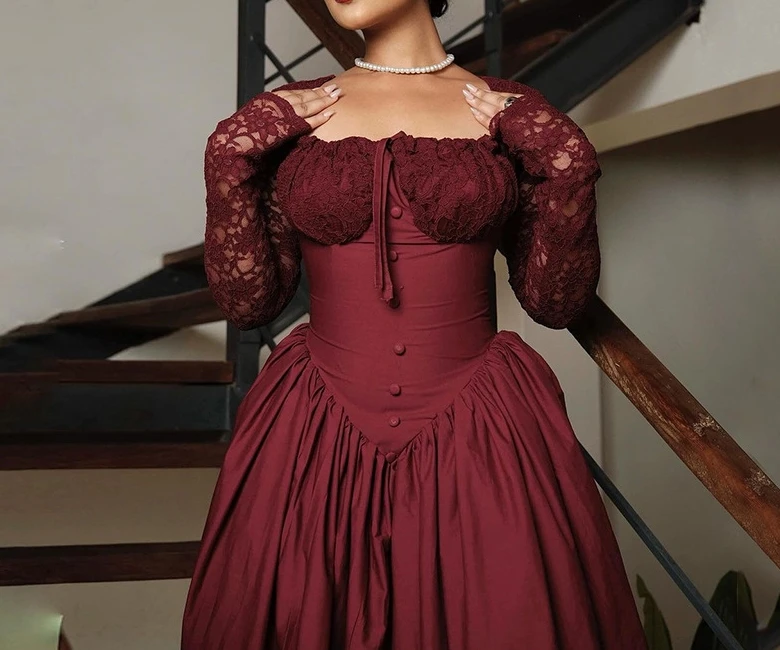 2024 Women's Summer New Style Elegant Square Neck Lace Long Sleeve Waist Wrapped Solid Color Medium Length Dress