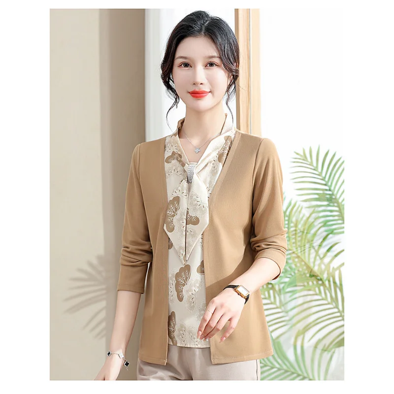 Scarf-neck Women's Printed Spliced Socket Long-sleeved Chiffon Casual Elegant Top