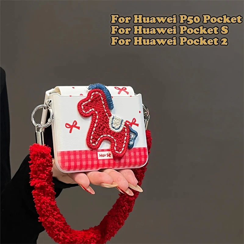 

New Year Case for Huawei P50 Pocket/Pocket S/Pocket 2 Christmas Case Cute 3d Red Embroidered Pony Leather Cover