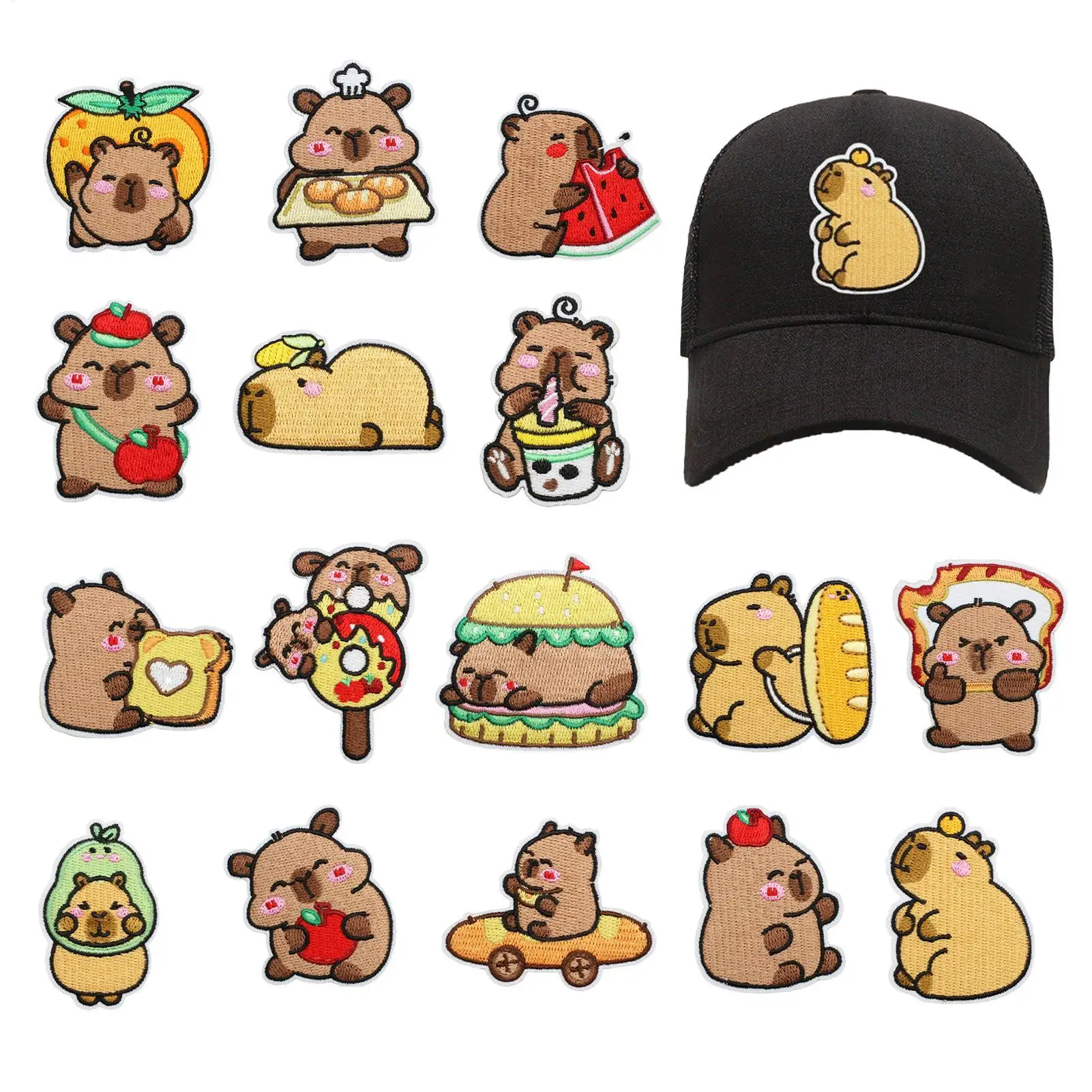 16 stücke Stickerei Patch Cartoon Capybara Eisen Auf Patches Für Kleidung Taschen Hüte Thermoadhäsive Patches Auf Kleidung Applique Abzeichen