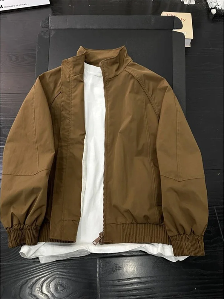 

Cleanfit Brown Pilot Jaet Men's Sli ort Stand Collar Baseball Coat Spring Autumn Warm Cotton Long Sve Zipper Closure