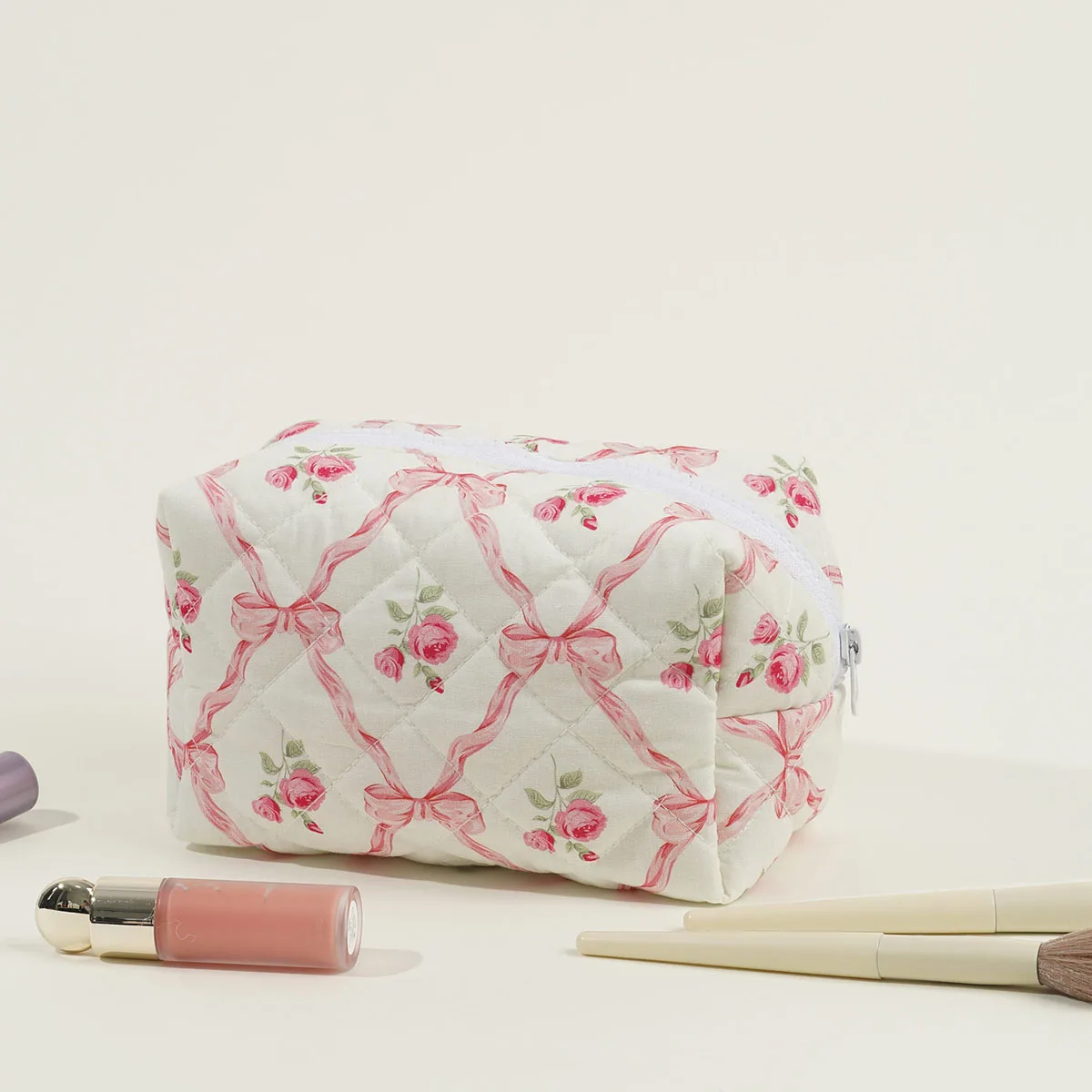 Cotton Quilted Makeup Bag with Large Capacity Bow Print Rose Storage Wash Bag