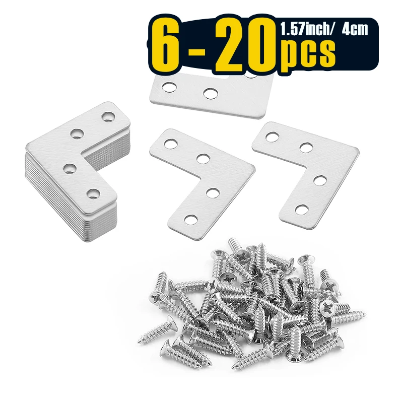 6-20 Pcs 40mm Stainless Steel L Shape Flat Corner Brace Bracket for Wood, Metal Fixing Joining Support Brace for Shelves
