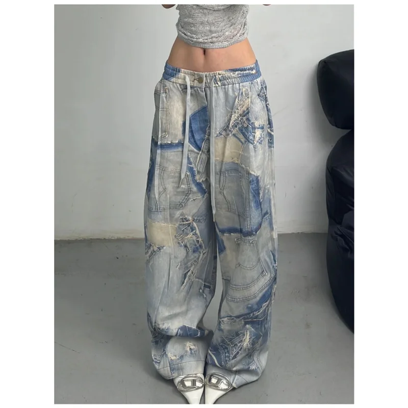 Женские джинсы с завышенной талией в стиле хип-хоп, винтажная уличная одежда Y2K, джинсы с широкими штанинами, женские брюки, мешковатые джинсовые брюки