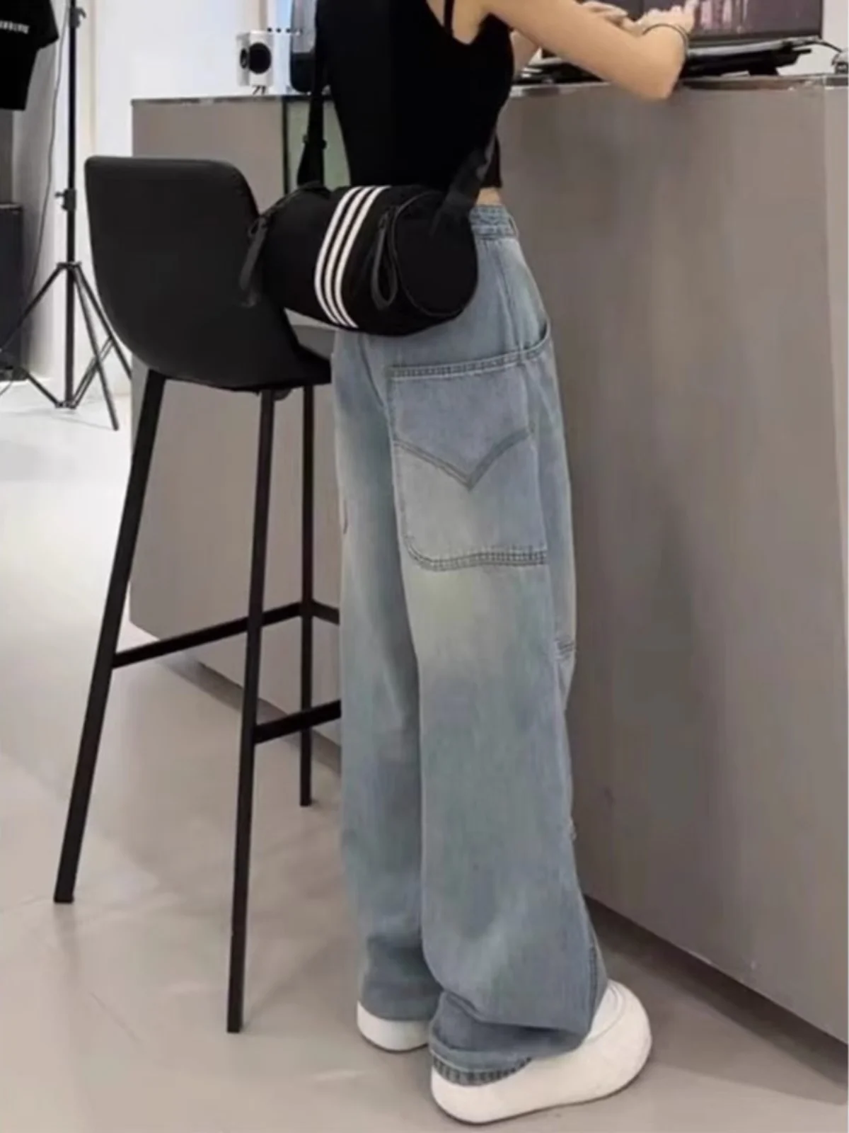 Cintura alta perna larga jeans feminino solto ajuste americano sle retro azul jeans outono novo plus size emagrecimento calças de corte reto