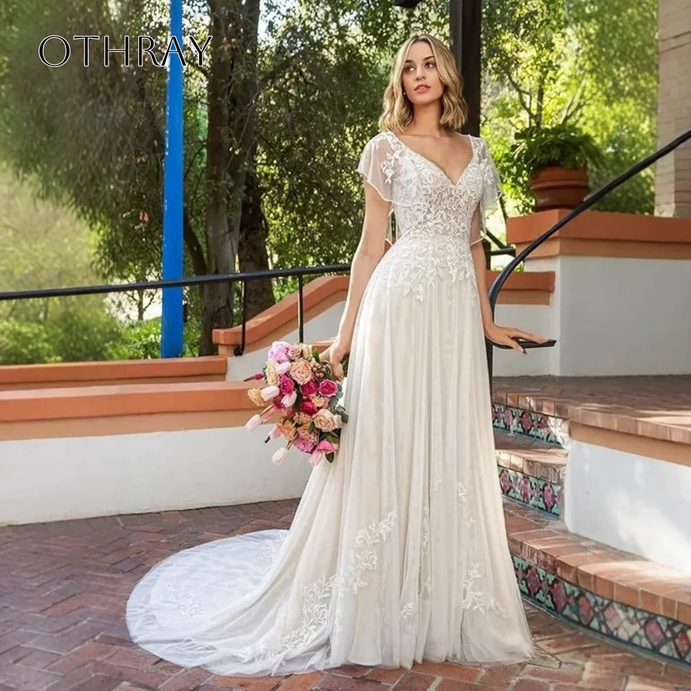 Lace V-Neck A-line Bridal Wedding Gown Short Sleeves Pleated Tulle Sweep Train Customized Vestidos De Novia