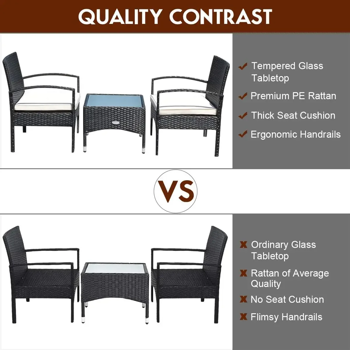 Ensemble de meubles en rotin avec table basse, chaise à haute charge, ensembles de conversation pour jardin, 3 pièces