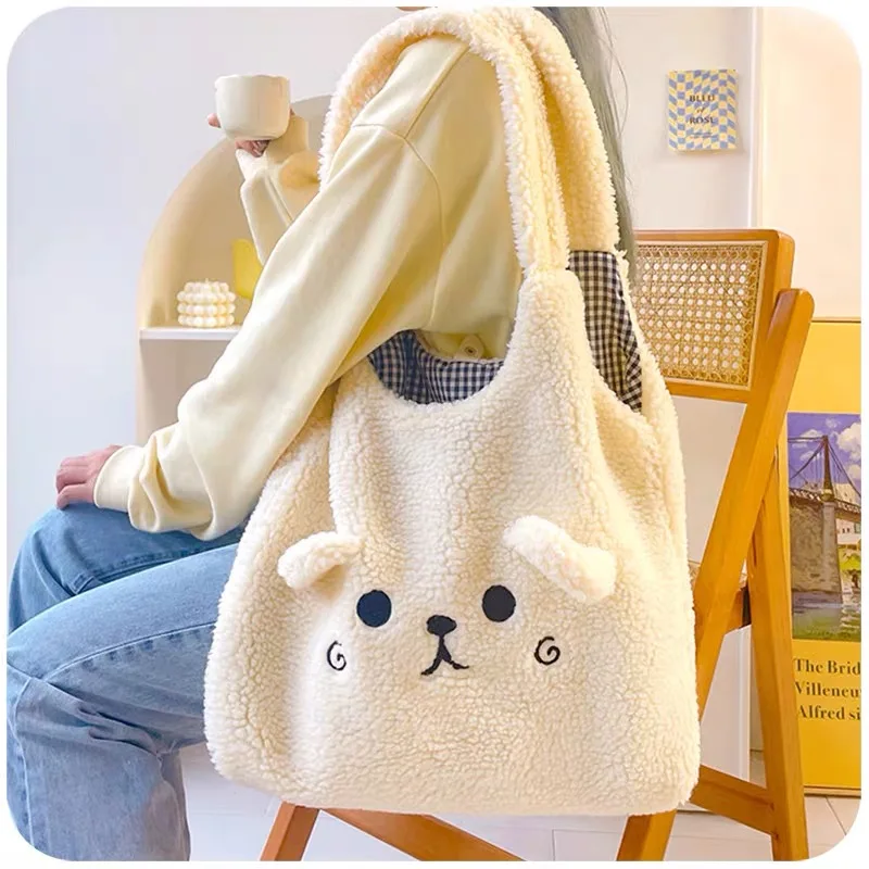 Autumn Winter New Ladies Cartoon Embroidery Imitation Lamb Hair Shoulder Bags Female Soft Plush Handbag Large Capacity For Girls