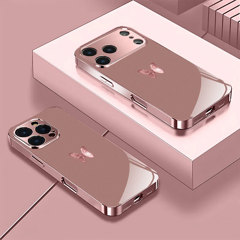 Capa de Telefone em Vidro Temperado Metálico Rosa com Padrão de Borboleta Rosa para iPhone 11 12 13 14 15 16 17 18 Pro Max Plus 17 Air 17E