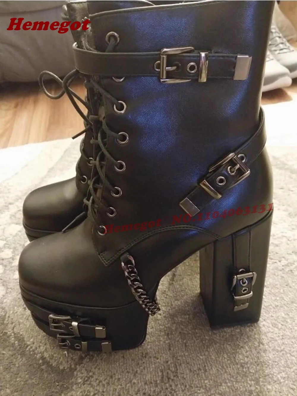 Black Platform Belt-Buckled Ankle Boots Round Toe Chunky Heels Chain Decor Lolita Women's Boots Gothic Lace-Up Casual Shoes 2026