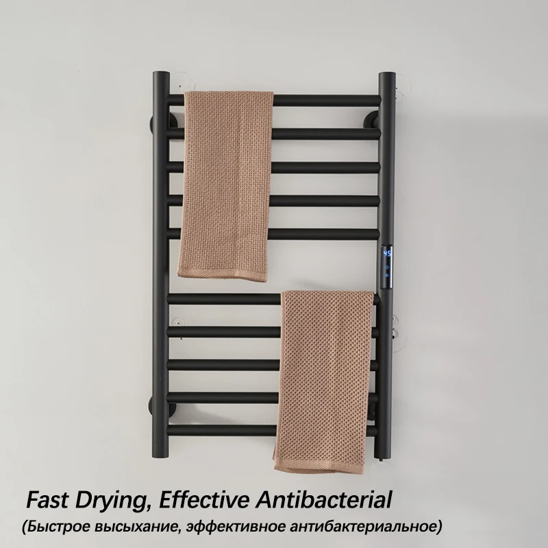Imagem -02 - Toalheiro Aquecido Elétrico para Banheiro Aquecedor de Toalha Preto Temporização e Controle de Temperatura Fios Escondidos Fios Expostos