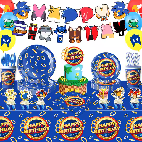 Sonic boys and girls' birthday party decorations, baby party decorations, disposable tableware stickers，tablecloths，back drop。