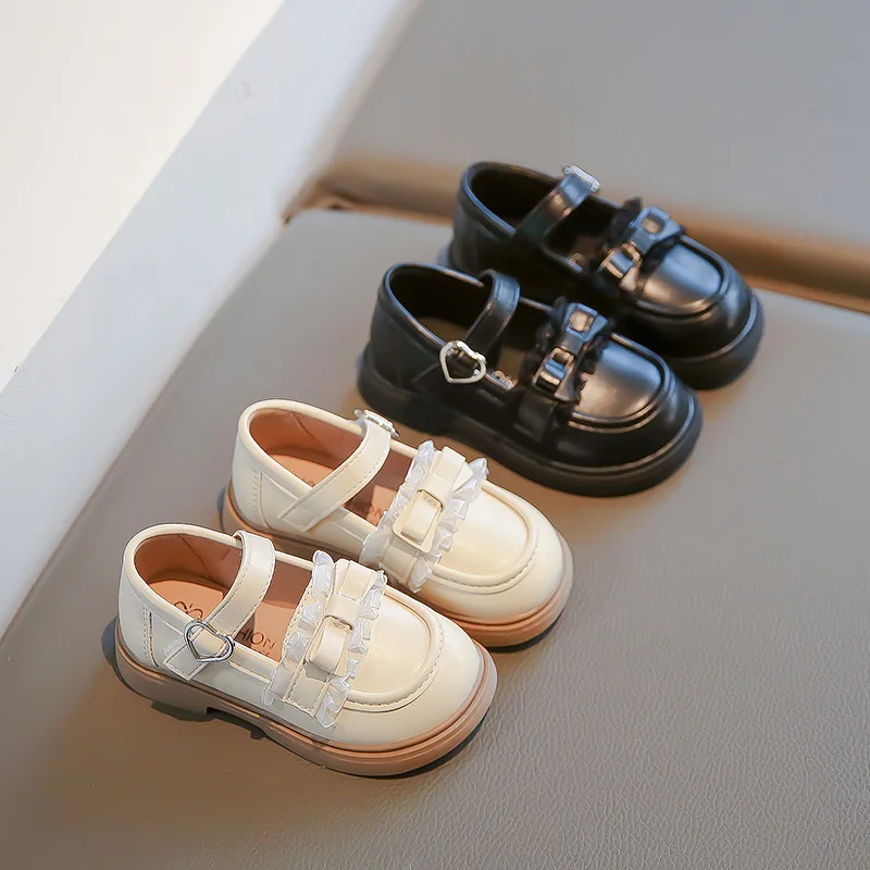 

Туфли из искусственной кожи для девочек, весенне-осенние новые детские кружевные лоферы принцессы с бантом, милая стильная школьная обувь на мягкой подошве на плоской подошве