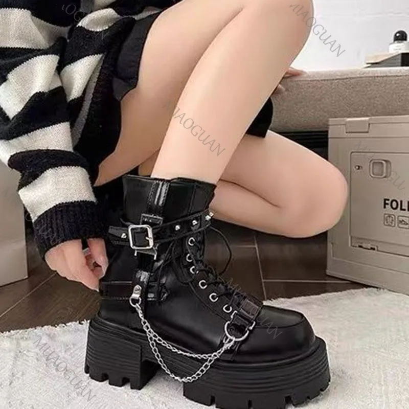 Sweet Punk Thick Bottom Ankle Boots for Women Autumn New Black Rivets Gothic Chunky Heeled Motorcycle Botas Side Zipper Shoes - view 5