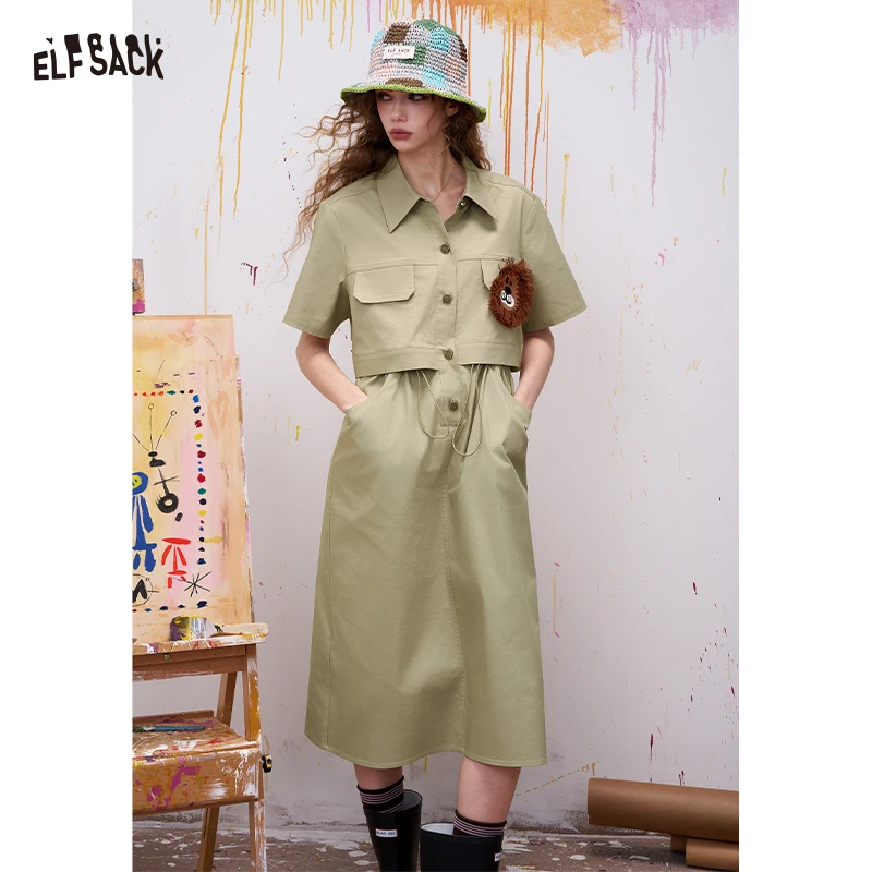 

ELFSACK Fake Two-Piece Midi Dress with Lion Applique for Women