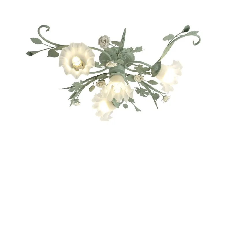 Jiayuan cream green pastoral style ceiling lamp rose wrought iron retro