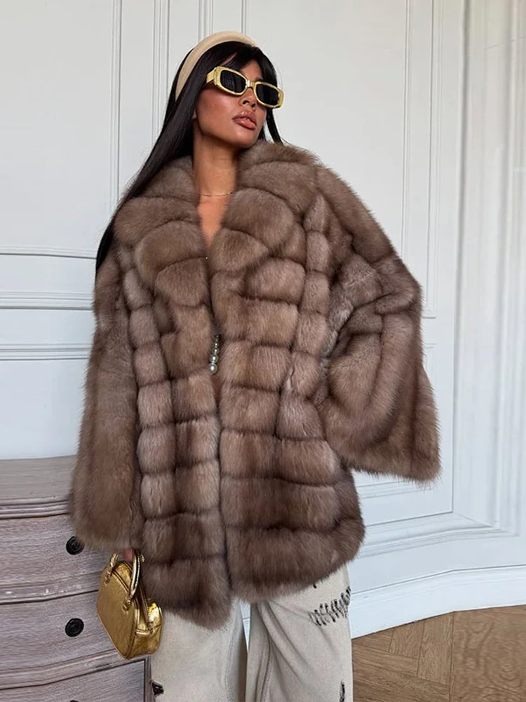 Elegant Faux Fur Midi Women's Coat Warm Long Flare Sleeve Turn-down Collar Loose Lady Outwear 2025 Winter New Lady Streetwears