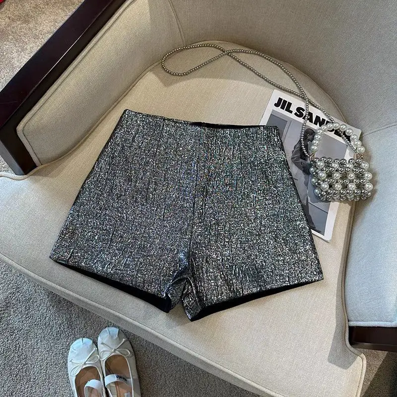 2024 Summer New Style Retro Small Fragrance Gold Shiny Jacquard Shorts High Waist Slimming Hot Pants for Women Wearing Outside