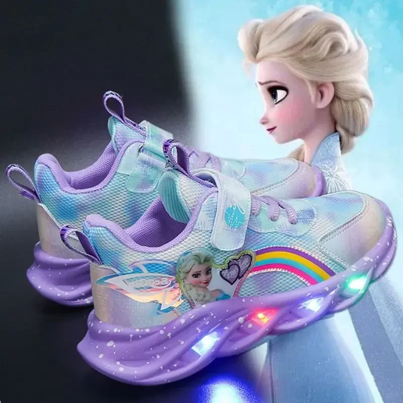 Disney led light girls\' shoes spring and autumn new single shoes leather fashion children\'s sneakers