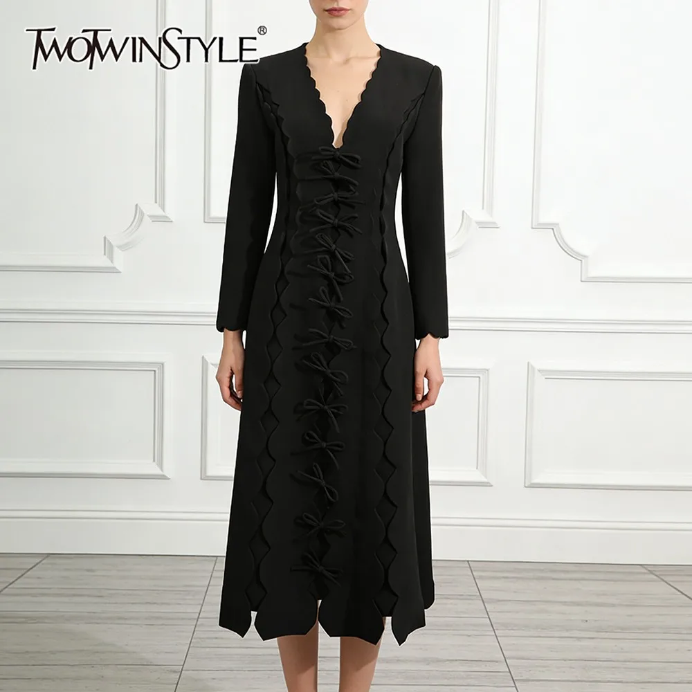 

TWOTWINSTYLE Black Spliced 3D Bows Chic Dress Female V Neck Long Sleeve Loose Elegant Basics Women's Dresses Autumn Fashion New