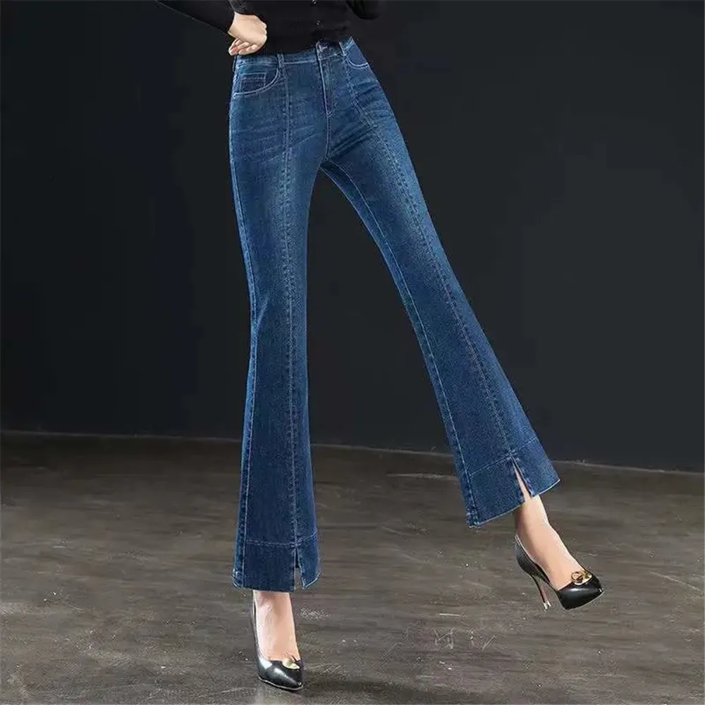 

Women Front-Slit Spliced Flare Elegant Jeans Black Korean Casual Slim Trendy Retro Stretchy Chic Ankle-Length Female Denim Pants