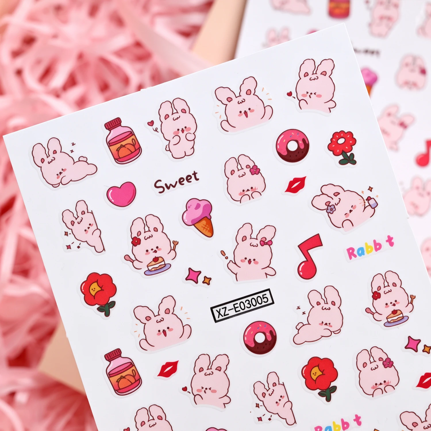 1Pcs Kawaii Pink Ribbit Nail Stickers Flower Donut Ice-Cream Bunny Self Adhesive Nails Decals Kid Girl Cartoon Manicure Sliders view 5