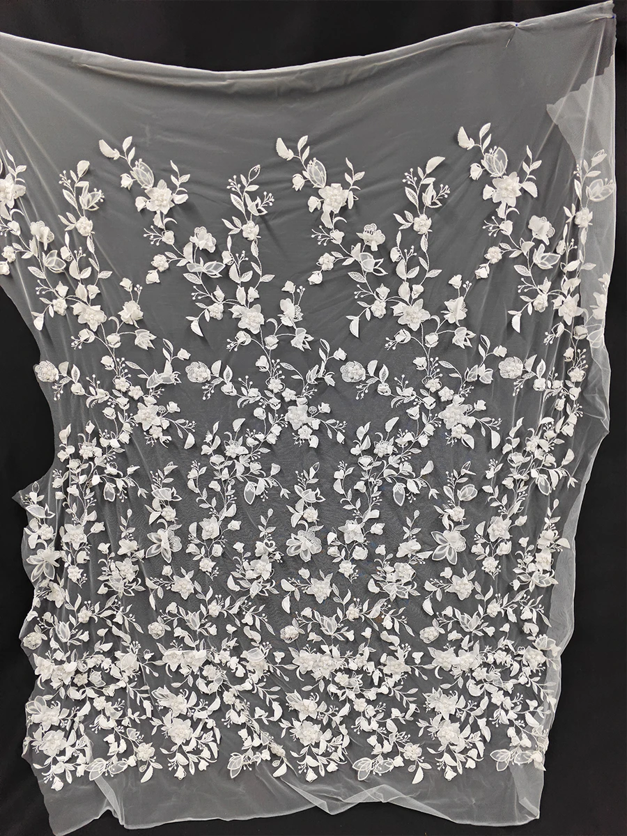 White lace three-dimensional flower bead embroidery fabric sewing fashion dress wedding dress evening dress DIY lace accessories